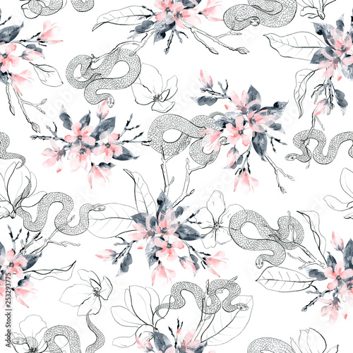 Seamless pattern with flowers and snakes. Pink magnolia flowers, gray and black branches and leaves.