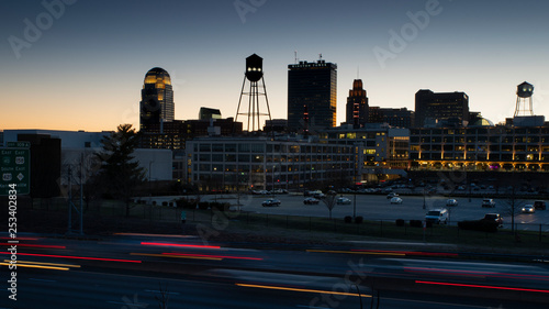 Traffic trails at dusk with the Winston Salem skyline in the background