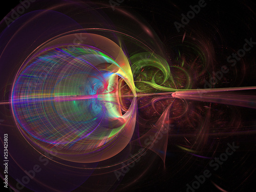 3d illustration - eyeball, optic, diffraction of light. Nerves, light transmission, symmetrical circular curves and organic shapes. Organic alien lifeform, science experiment with light transmission