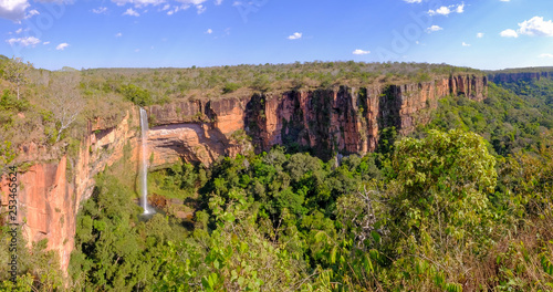 Beautiful Bridal Veil, Veu Da Noiva waterfall in Chapada Dos Guimaraes National Park, Cuiaba, Mato Grosso, Brazil