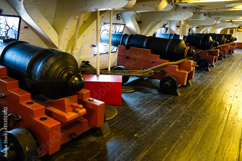 Row of cannons on the ship USS Constitution.