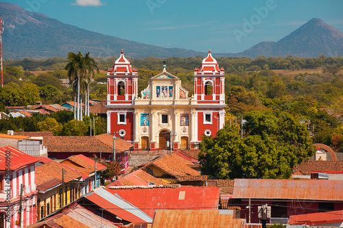 Leon Nicaragua church and volcano view 