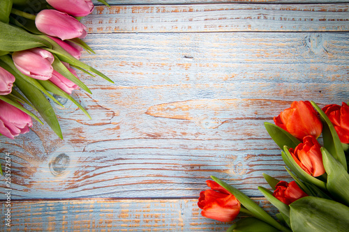 Wiosenne tulipany na drewnianym tle