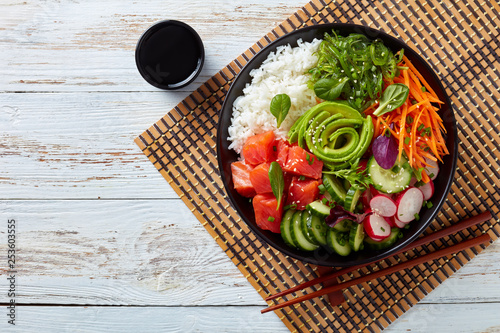 Raw Organic Ahi salmon Poke Bowl, flatlay