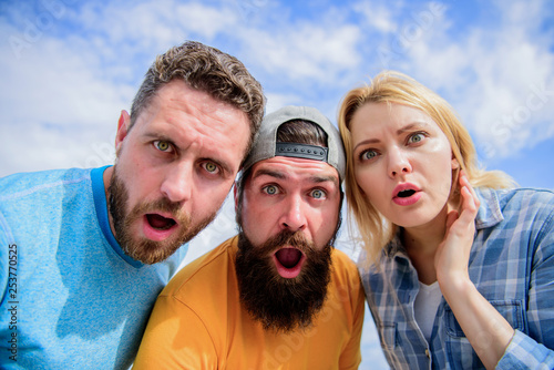 That is impossible. Shocking news. Amazed surprised face expression. How to impress people. Shocking impression. Men with beard and woman looking shocked. No way. Friends shocked faces looking at you