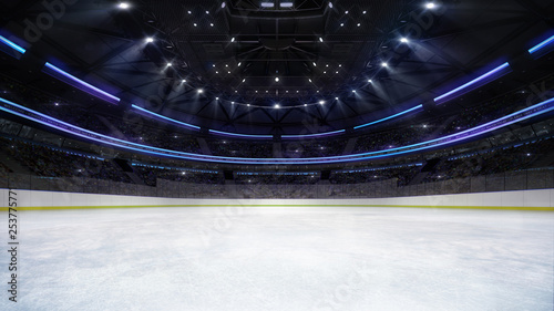 empty ice rink arena inside view illuminated by spotlights, hockey and skating stadium indoor 3D render illustration background, my own design
