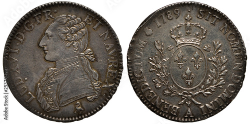 France French silver coin 1 one ecu 1789, bust of King Louis XVI (later beheaded during French Revolution) left, oval shield with three lilies flanked by branches, crown at top, 