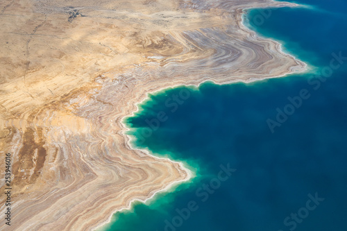 Dead Sea, ISRAEL - February 28, 2019: Flying over the salty Dead Sea of Israel.