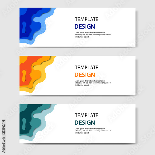 Horizontal banners template with 3D abstract paper cut style. Vector design layout for web, banner, header, print flyers. Carving art in blue, yellow, green color.