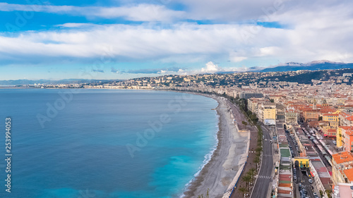  Nice, aerial view of the promenade des Anglais, the old town, on the French Riviera, with the Cours Saleya and the place Massena in background 
