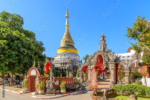 Golden decorated pagoda at Wat Bubparam Temple. Chiang Mai, North of Thailand