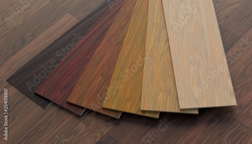 Color samples of wooden laminate floor. 3D rendered illustration.