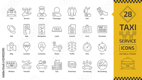 Vector taxi cab car service editable stroke line icon set with motor transport, driver, passenger on travel, people and city traffic thin outline sign.