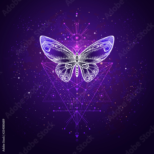 Vector illustration with hand drawn butterfly and Sacred geometric symbol against night starry sky. Abstract mystic sign.