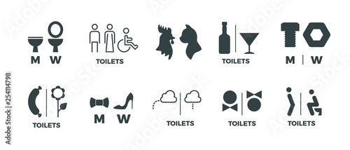 Toilet signs. He she WC door symbols, man and woman bathroom direction signs. Vector funny icons of restroom pictogram set
