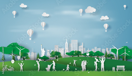 Paper art style of eco landscape in the New York City America with happy family having fun,People big family enjoy fresh air in outdoor park,illustration idea design ecology paper cut concept vector.