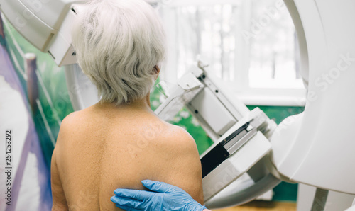 Senior woman having a mammography scan at hospital