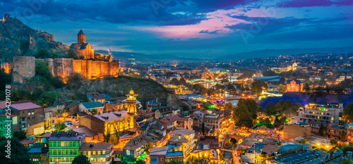 Panoramic view of Tbilisi, Georgia after sunset