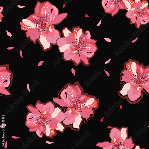 Japanese garden pink blooming sakura or cherry blossom flowers. Vector seamless pattern. Illustration for fabrics,and all prints