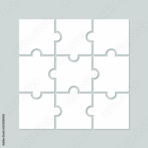 Nine blank puzzle pieces. Puzzle for web, information or presentation design, infographics. White puzzle on gray background. Vector illustration