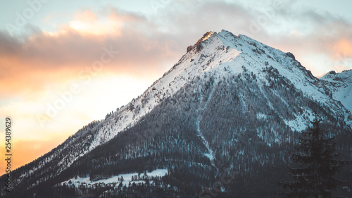 Photo took in the French Alps, in Serre Chevalier. Sunrise on the mountain with crazy colors. Photo nature / travel / adventure