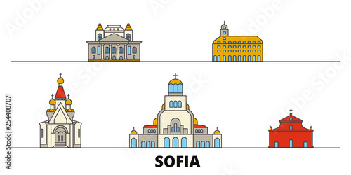 Bulgaria, Sofia flat landmarks vector illustration. Bulgaria, Sofia line city with famous travel sights, design skyline. 