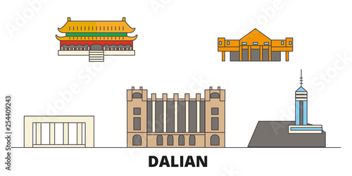 China, Dalian flat landmarks vector illustration. China, Dalian line city with famous travel sights, design skyline. 