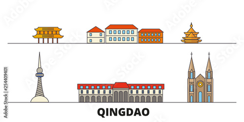 China, Qingdao flat landmarks vector illustration. China, Qingdao line city with famous travel sights, design skyline. 