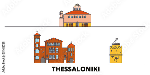 Greece, Thessaloniki flat landmarks vector illustration. Greece, Thessaloniki line city with famous travel sights, design skyline. 
