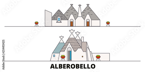 Italy, Alberobello flat landmarks vector illustration. Italy, Alberobello line city with famous travel sights, design skyline. 
