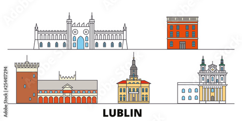 Poland, Lublin flat landmarks vector illustration. Poland, Lublin line city with famous travel sights, design skyline. 