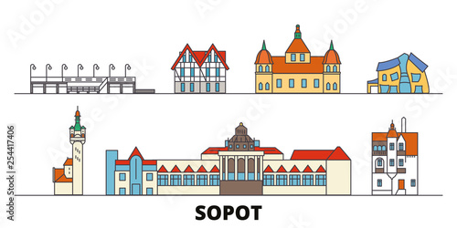 Poland, Sopot flat landmarks vector illustration. Poland, Sopot line city with famous travel sights, design skyline. 