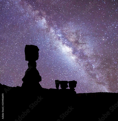 Bryce Canyon National Park hoodoos silhouettes on a starry night with Thor's Hammer, Utah, USA