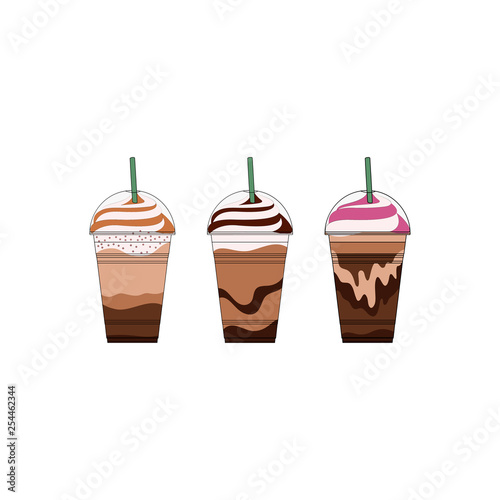 Coffee and frappuccino drinks in plastic cups vector illustration. Coffee with whipped cream in takeaway cup.