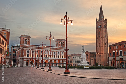 Forli, Emilia-Romagna, Italy: the main square Aurelio Saffi with the ancient abbey of San Mercuriale and the post office building of 1932