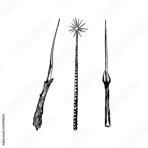 Set of magic wands. Hand drawn sketch illustration. Vector black ink drawing isolated on white background. Grunge style