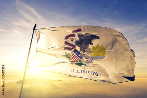 Illinois state of United States flag waving on the top sunrise mist fog