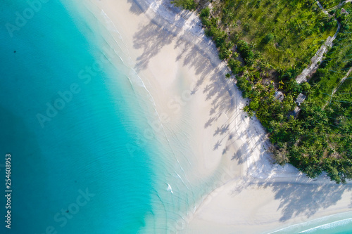 Zadziwiająca wyspa z piasek plaży zieleni drzewnym lasowym widok z lotu ptaka