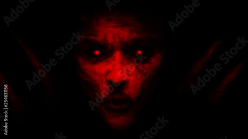 Devilish woman appears from dark and kisses. Goddess of darkness. Horror fantasy illustration. Evil queen looking ahead. Scary female face with glowing eyes. Gloomy character concept art.
