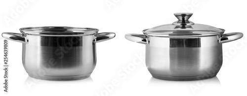 The stainless steel cooking pot over white background