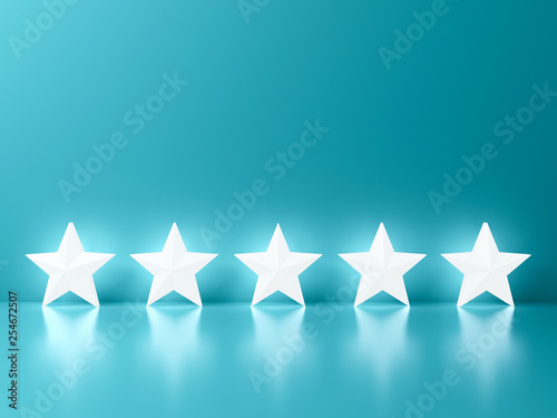 Five glowing light stars standing on green blue pastel color wall background with reflections and shadows 3D rendering