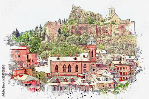 Watercolor sketch or illustration of a beautiful view of the ancient city architecture in Tbilisi in Georgia