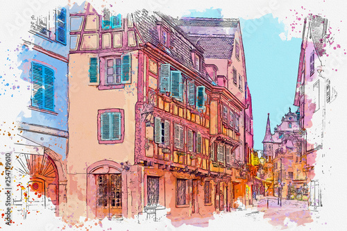 Watercolor sketch or illustration of a beautiful view of the traditional houses in Colmar in France