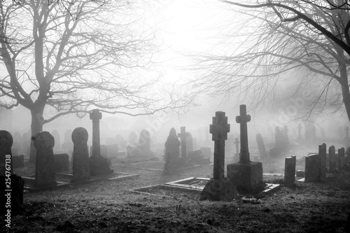 scarey grave yard in the mist back and white photograph