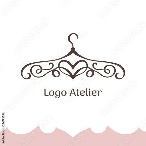 Logo for Atelier, wedding boutique, women's dress shop. Vector template of the brand for the fashion designer. Stylized clothes hanger made of twisted lines and heart