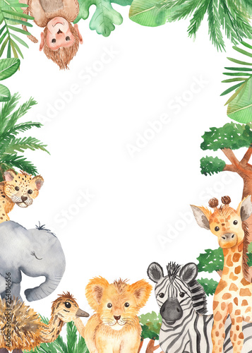 Watercolor frame with cute cartoon animals of Africa. Template for invitation, greeting card, party, baby shower, children's clothing and design.