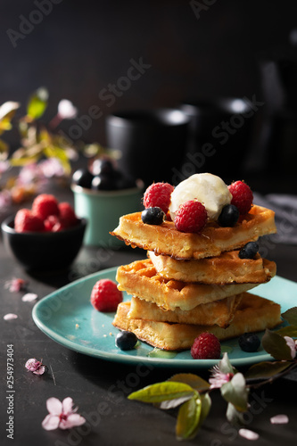 Freshly baked waffles with raspberries, berries, honey and coffee for breakfast or brunch on a dark background with copy space. Homemade Dessert concept.