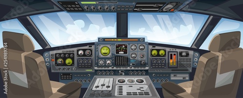 Airplane cockpit view with control panel buttons and sky background on window view. Airplane pilots cabin with dashboard control and pilots chair for games design. Airplane Vector illustration