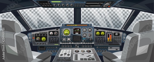 Airplane cockpit view with control panel buttons and transparent background on window view. Airplane pilots cabin with dashboard control and pilots chair for games design. Airplane Vector illustration