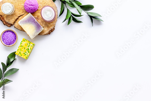 herbal cosmetic set for homemade spa on white background top view space for text